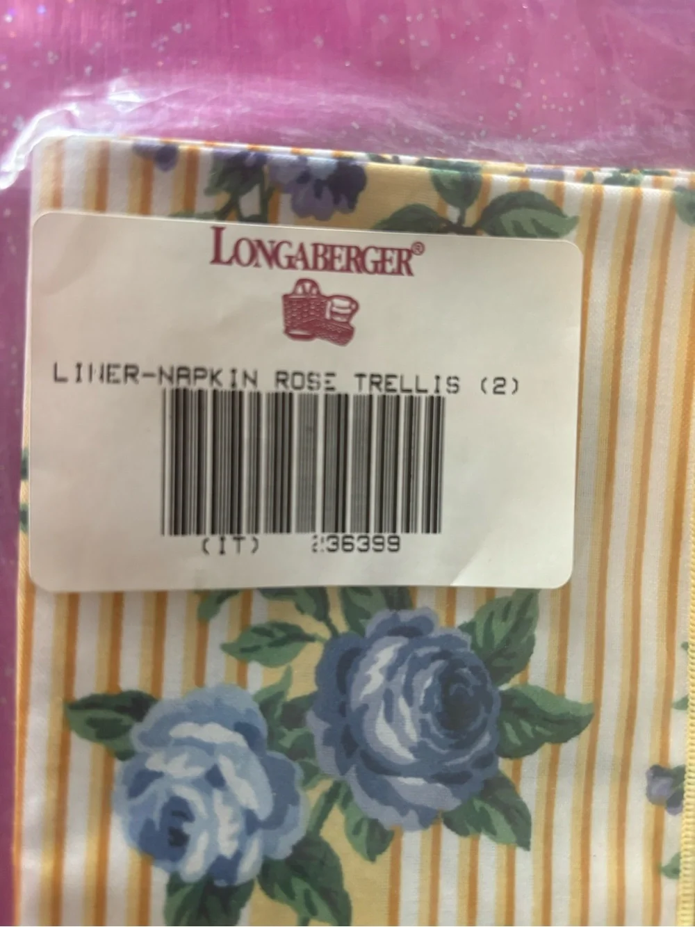 Longaberger Rose Trellis Napkins - Blue Floral (2 Pack), NEW IN ORIGINAL PACKAGE